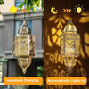 Moroccan solar powered outdoor lantern hanging with automatic charging and lights up feature