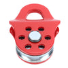 A bright red heavy duty winch snatch block with a silver threaded eye and a curved handle.
