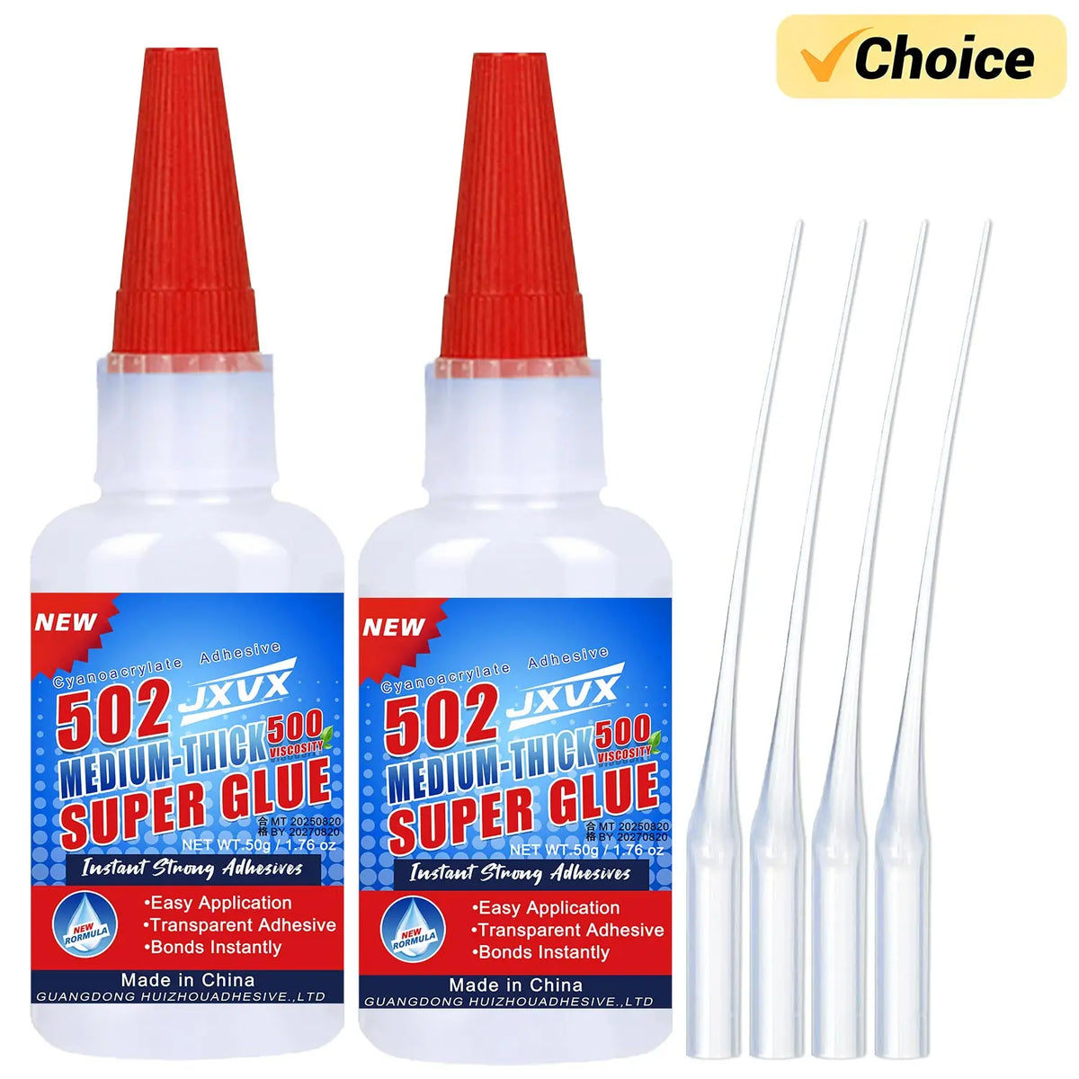 A bottle of 502 Medium-Thick Super Glue instant strong adhesive with several applicator needles.