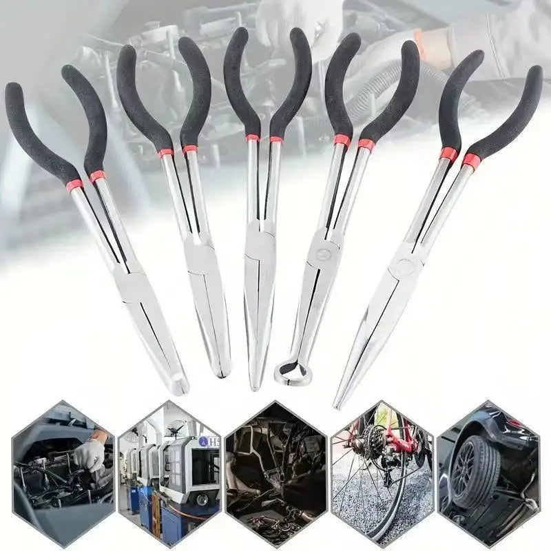 A set of precision 11-inch multi-angle needle nose pliers with black and silver handles displayed against a white background.