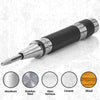 A heavy duty automatic center punch tool with a textured black handle and silver tip, shown next to various material surfaces