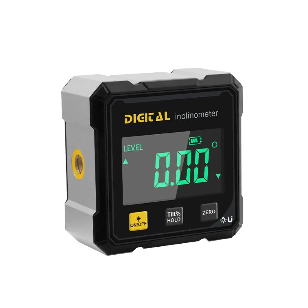 A black and silver digital inclinometer device with a green display showing 0.00 degrees.