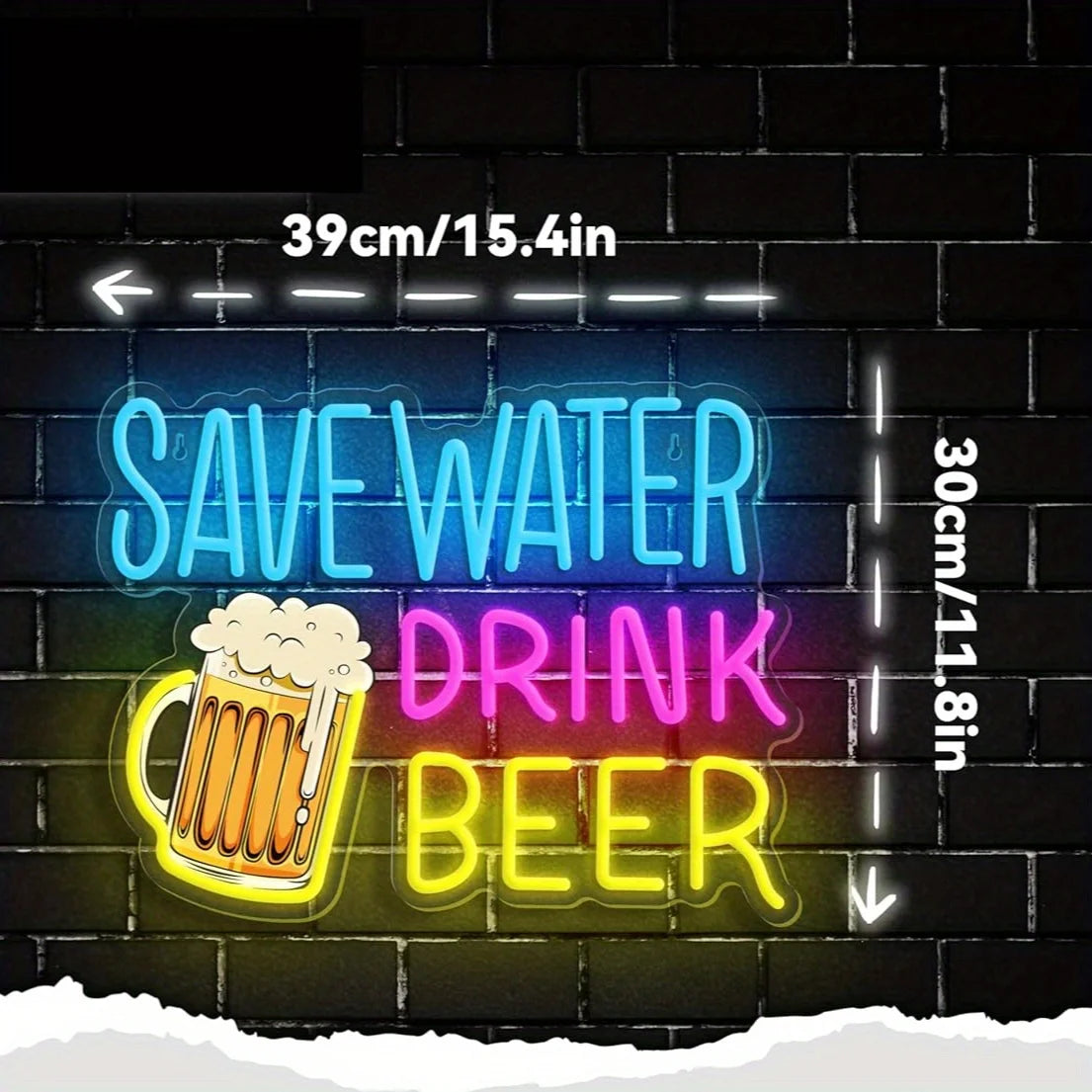 Neon sign featuring text SAVE WATER DRINK BEER on a brick wall background