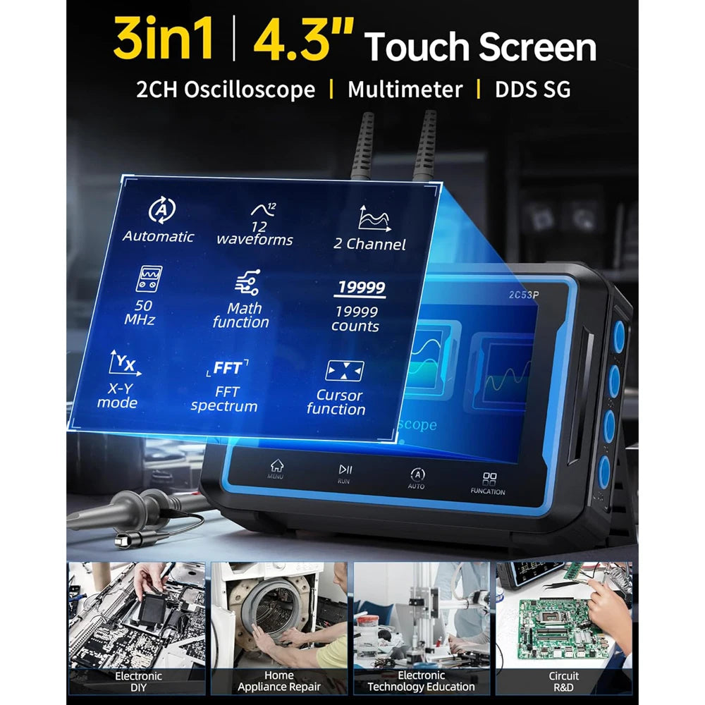 A black 3-in-1 digital oscilloscope multimeter and DDS signal generator with various functions displayed on its screen.