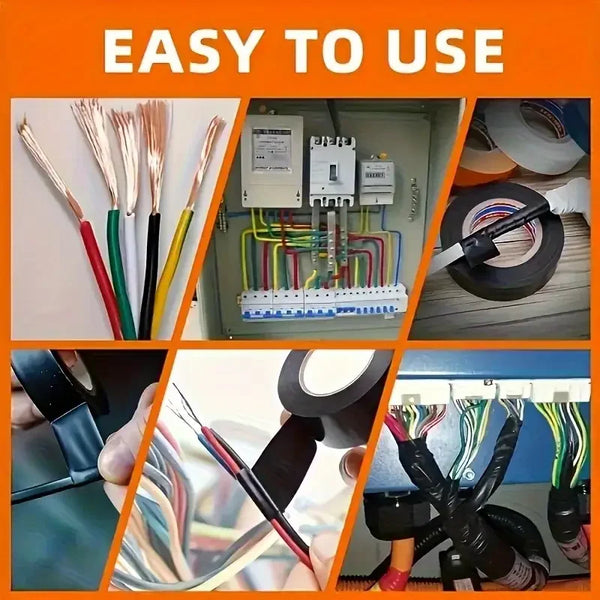 A close-up view of heavy-duty black electrical insulating tape and various wires being bundled for use.