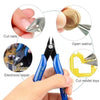 A hand holds universal diagonal pliers demonstrating various cutting applications like nails, walnuts, and model toys.