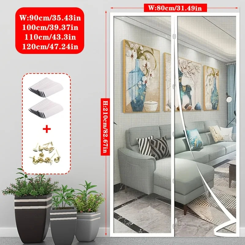 White magnetic screen door with a mesh panel shown in a modern interior setting