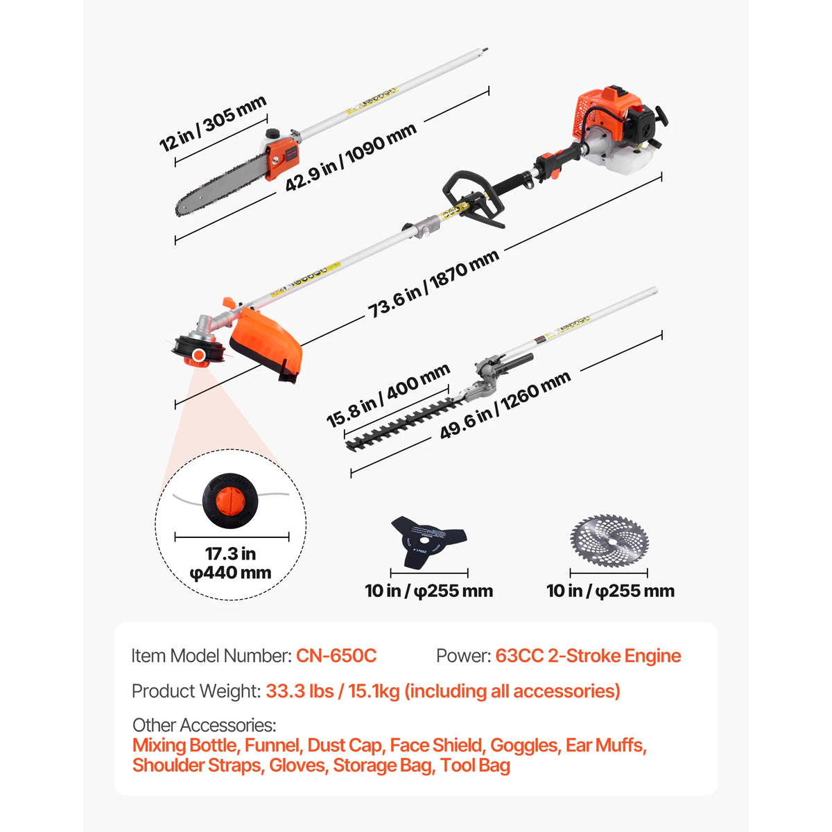 Orange heavy-duty gas hedge trimmer with various attachments and accessories