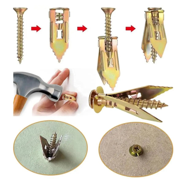 A set of heavy-duty self-drilling drywall anchors and screws shown in various forms and sizes.