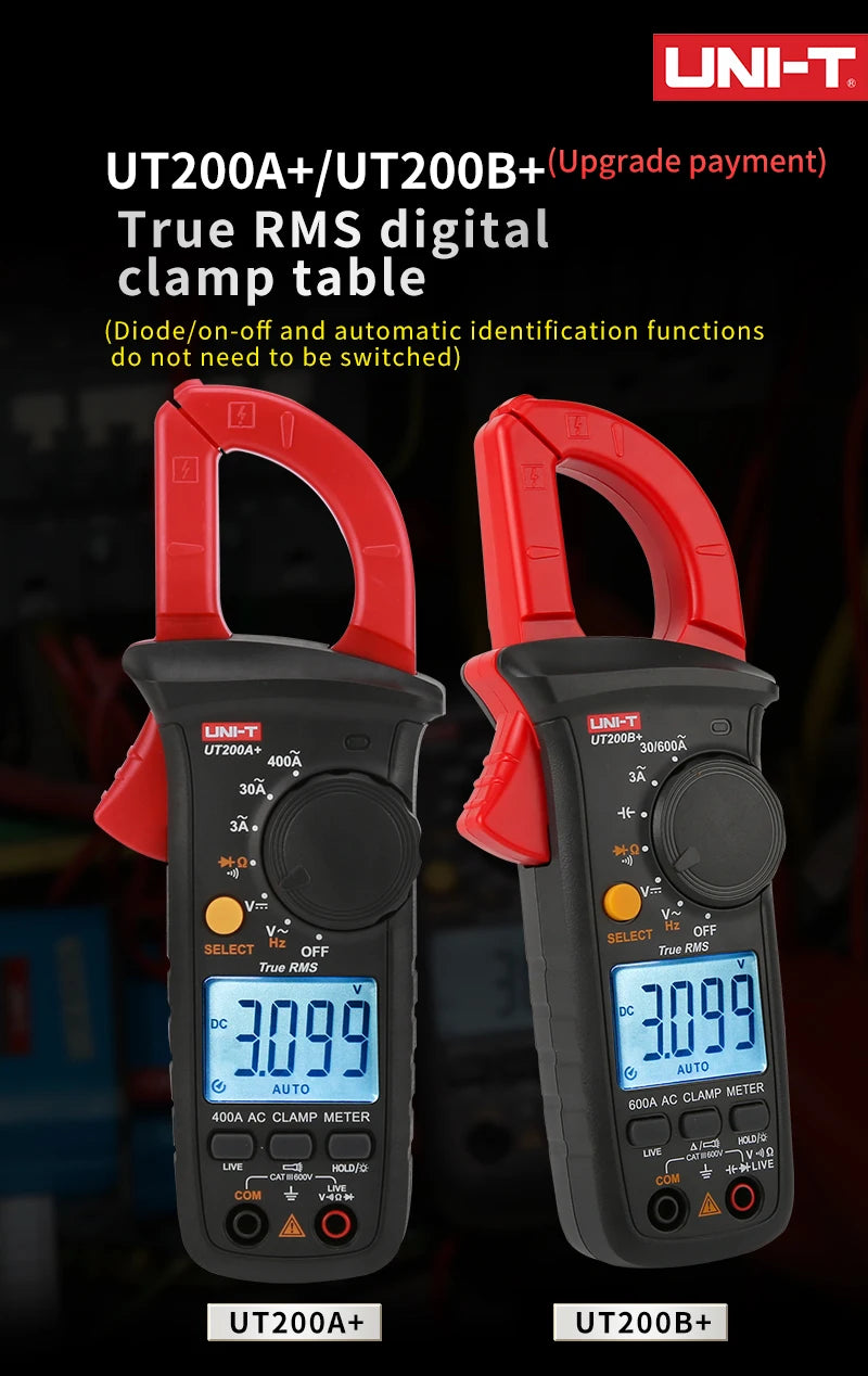 Red digital clamp meter shown in two versions UT200A and UT200B models for electrical testing