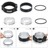 Various views of an aluminum V-band clamp for radiator and turbo piping in black and silver finishes.