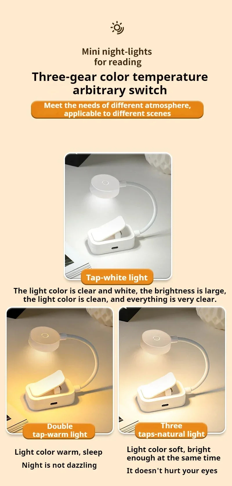 A white folding clip book light with an adjustable LED is shown in various lighting scenarios.