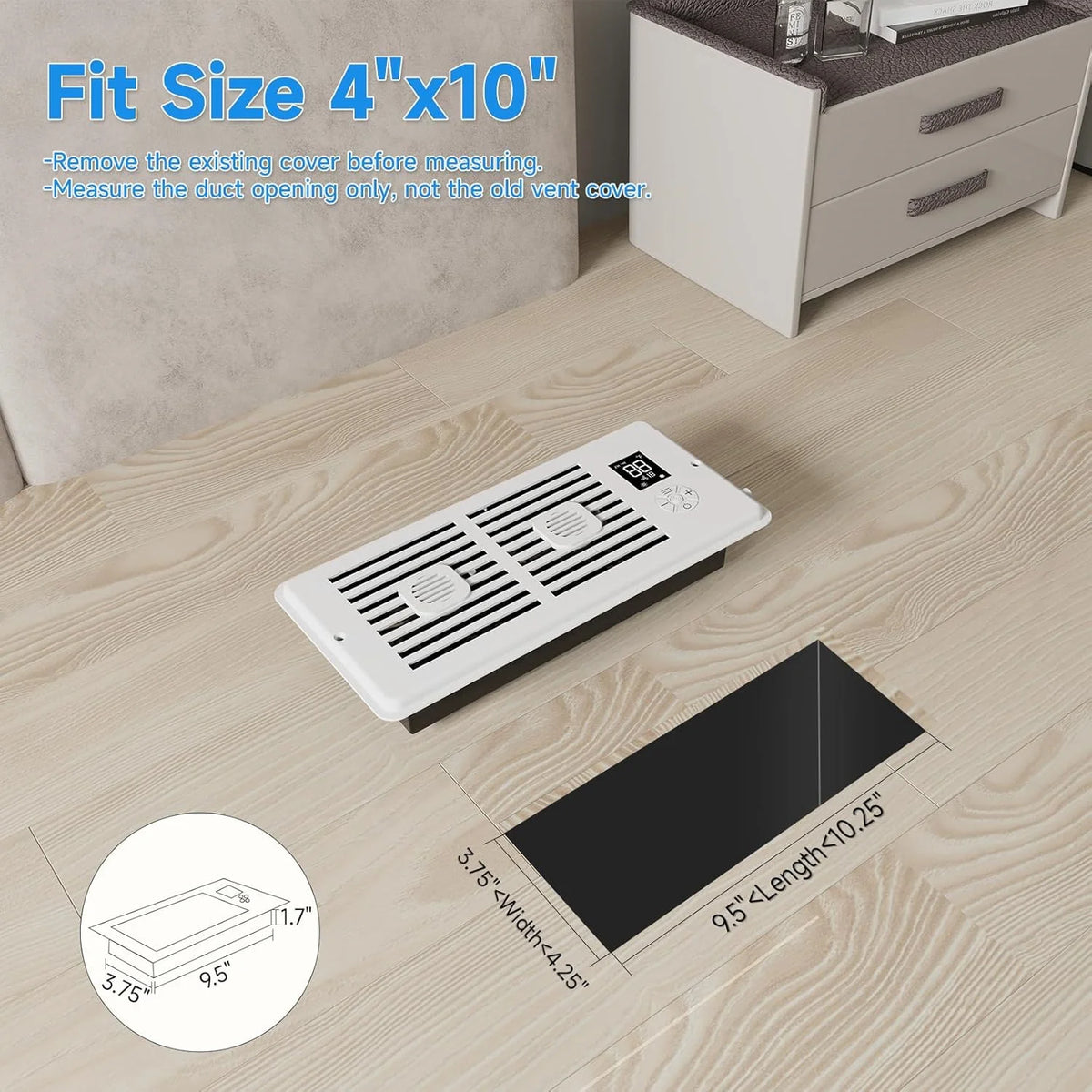 A white rectangular register fan is shown on a wooden floor next to a cabinet, with a diagram indicating its dimensions.