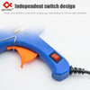 Blue hot melt glue gun with an orange trigger and a red switch, designed for safe operation.