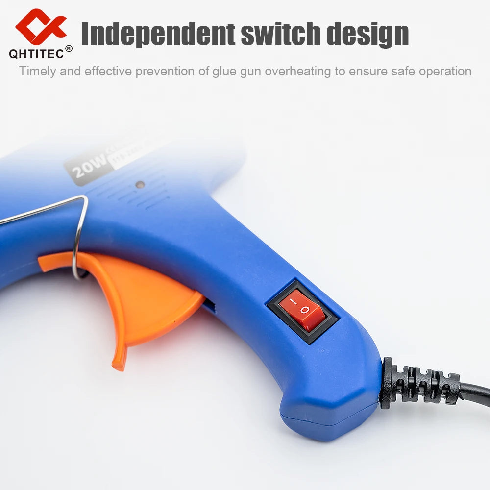 Blue hot melt glue gun with an orange trigger and a red switch, designed for safe operation.