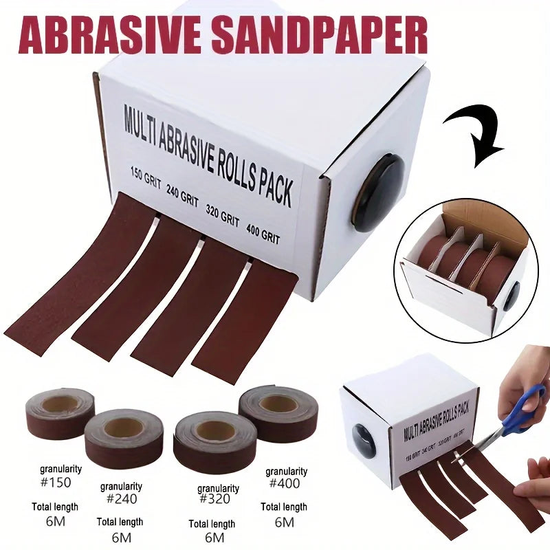 Box of multi abrasive rolls sandpaper in grits 150, 240, 320, and 400 with several sandpaper strips shown.