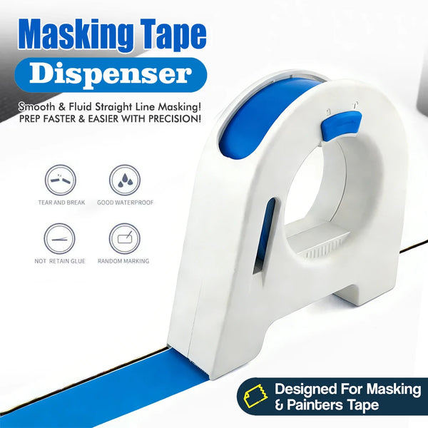 A white masking tape dispenser with a blue tape strip is shown, designed for smooth and precise masking.
