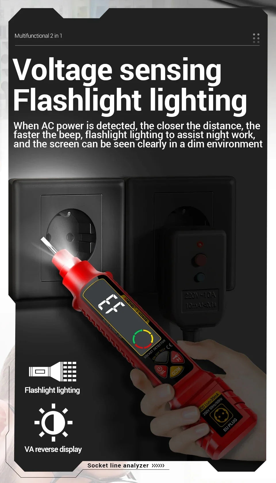 A hand holds a red flashlight lighting voltage sensing device next to an electrical socket.