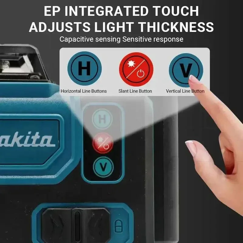 A hand is touching the vertical line button on a Makita green laser level, demonstrating capacitive sensing for adjusting lig