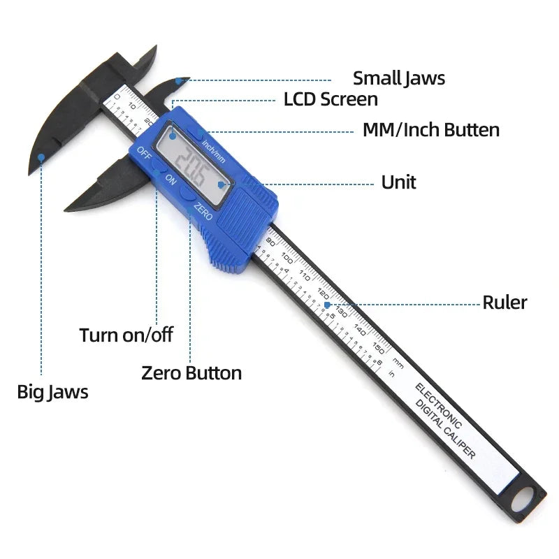 A blue electronic digital caliper set with a ruler and jaws for precision measurement.