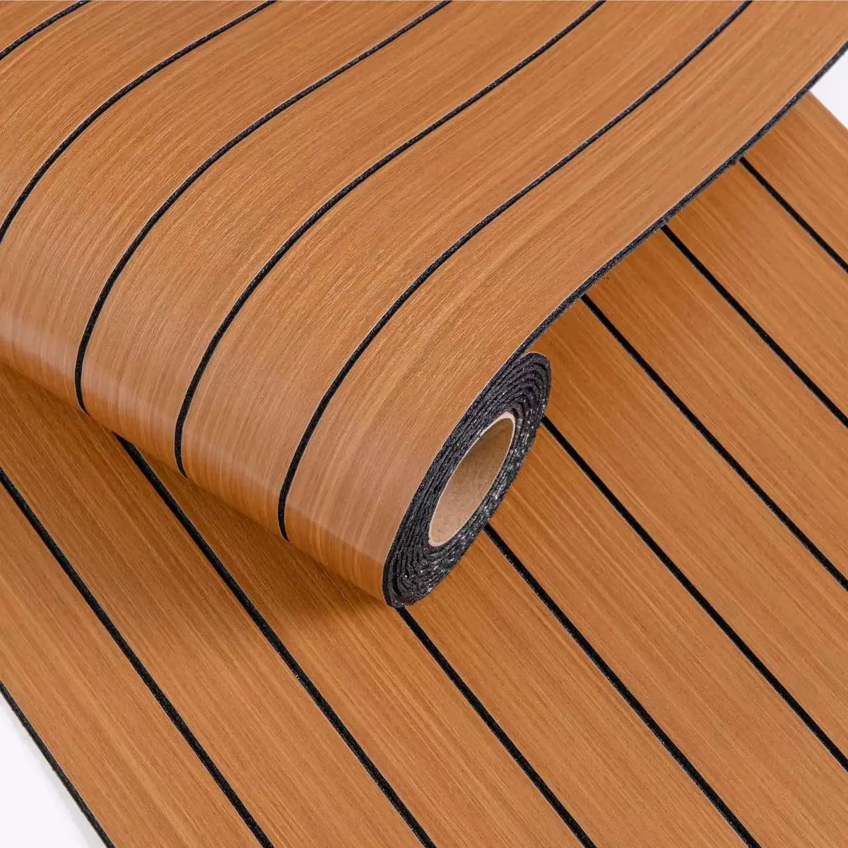 Roll of brown wood grain self-adhesive wall decor grille wallpaper in a cylindrical roll.
