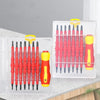 A red and yellow professional insulated electrician screwdriver set with various tips displayed in a clear plastic case.