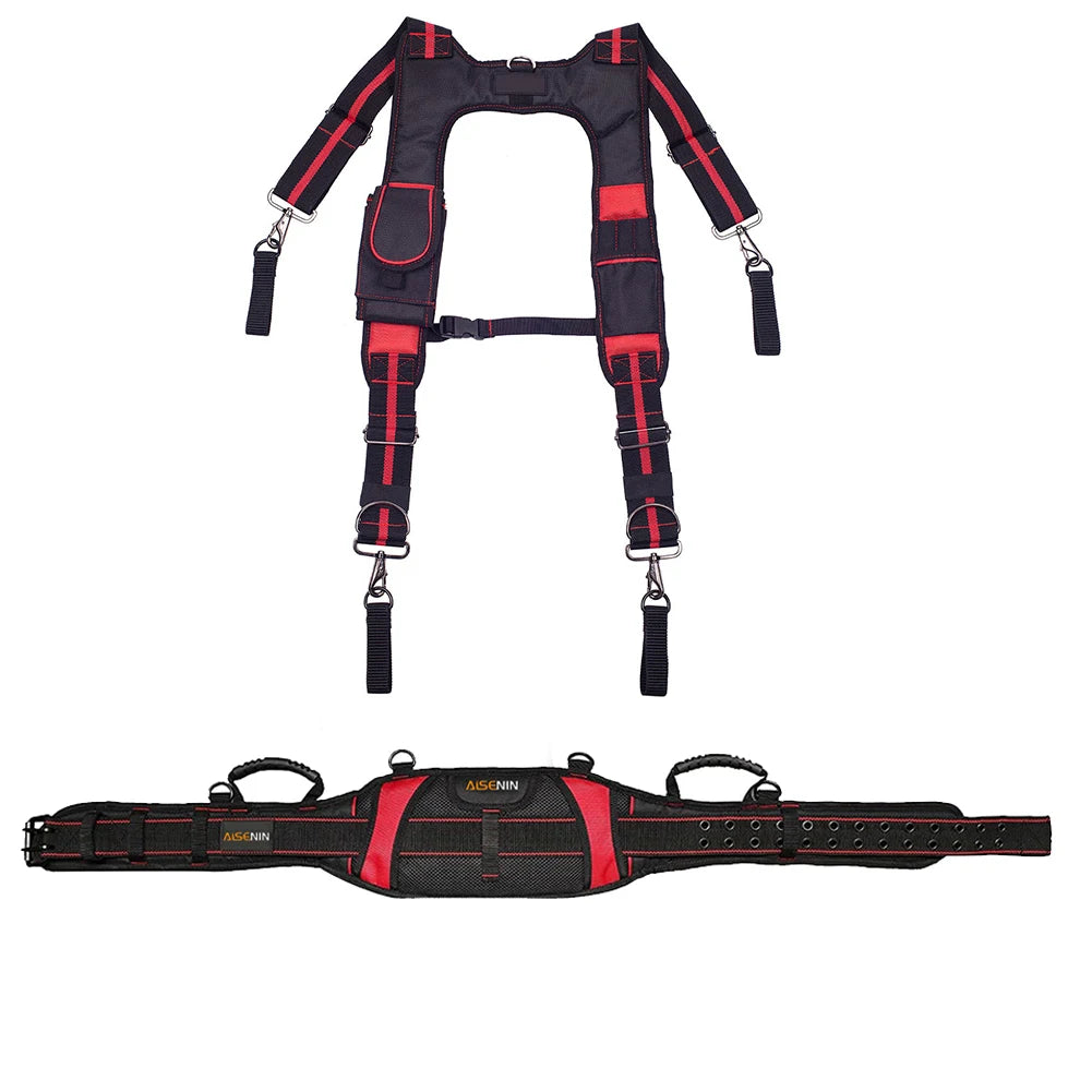 Black and red adjustable tool belt suspenders with a pouch bag