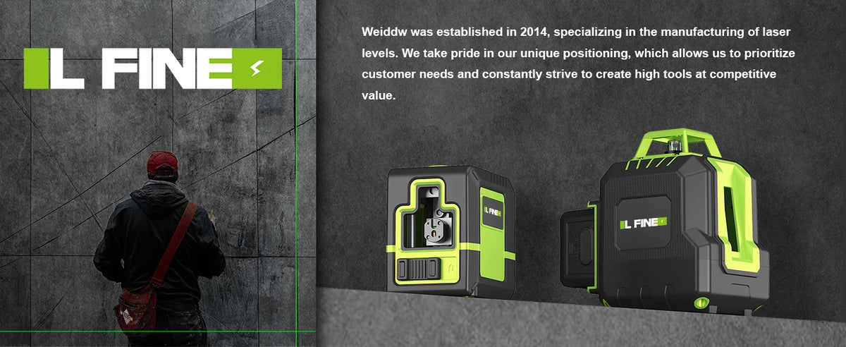 A black and lime green professional 2-line laser level device is shown on a gray surface.