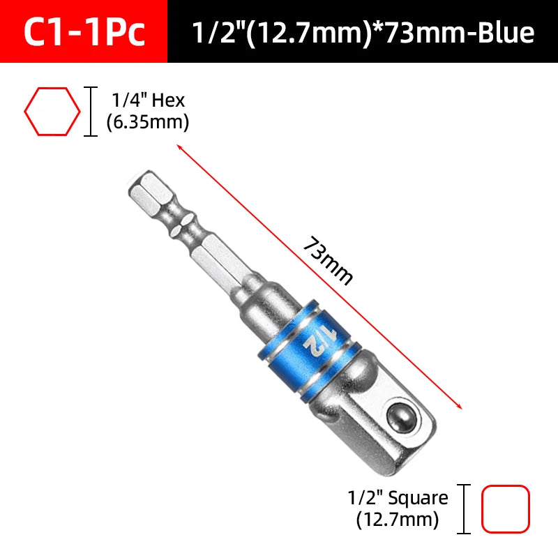 A blue 1/2 inch square socket adapter with a hex drive and a 73mm length.