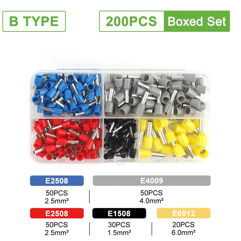 Boxed set of crimp terminals including E2508, E4009, E1508, and E6012 in various sizes and gauges