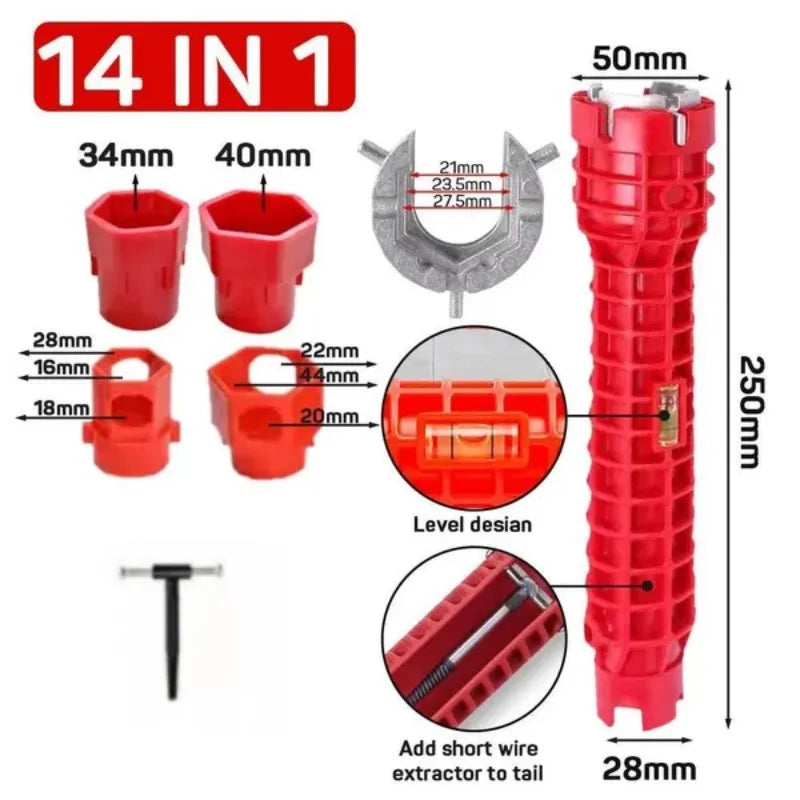 Ein Set aus 14 Multifunktionswerkzeugen und Rohrzangen in rot und silber, mit verschiedenen Größen und Komponenten.
