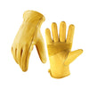 Ein Paar gelbe Lederhandschuhe zum Gärtnern und Beschneiden vor weißem Hintergrund.