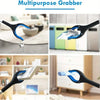 A multipurpose grabber tool shown in various uses, including picking up keys and objects from a cabinet.
