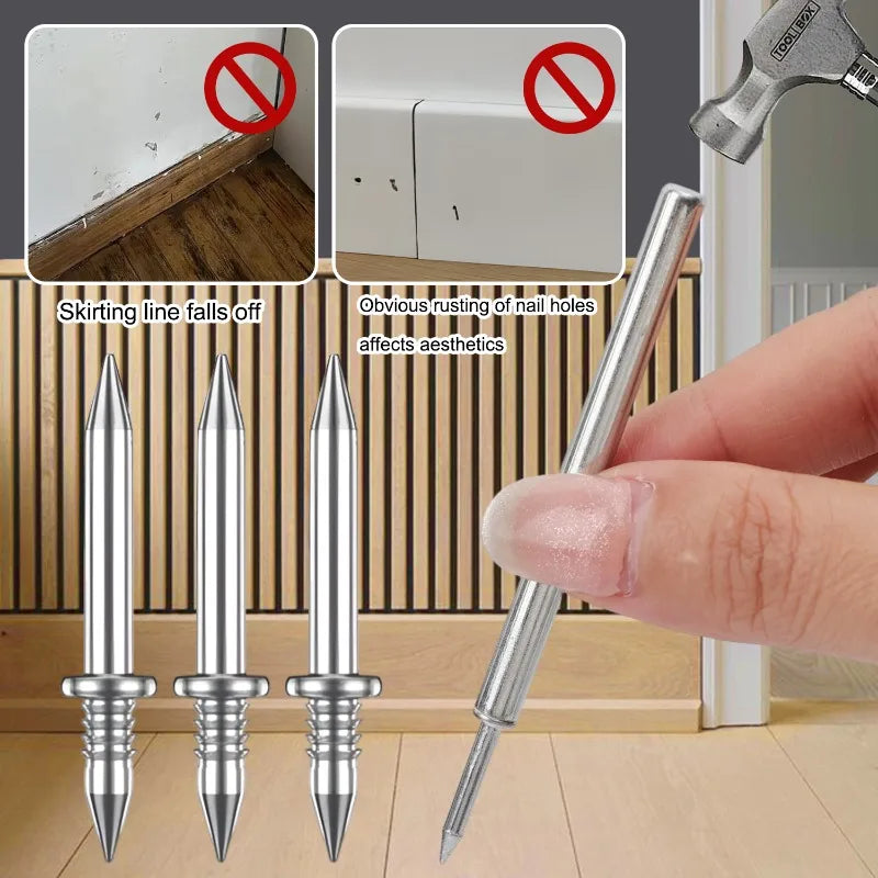 A close-up of a silver double-head nail set being held by a hand, with inset images showing the effect of rust on nail holes.
