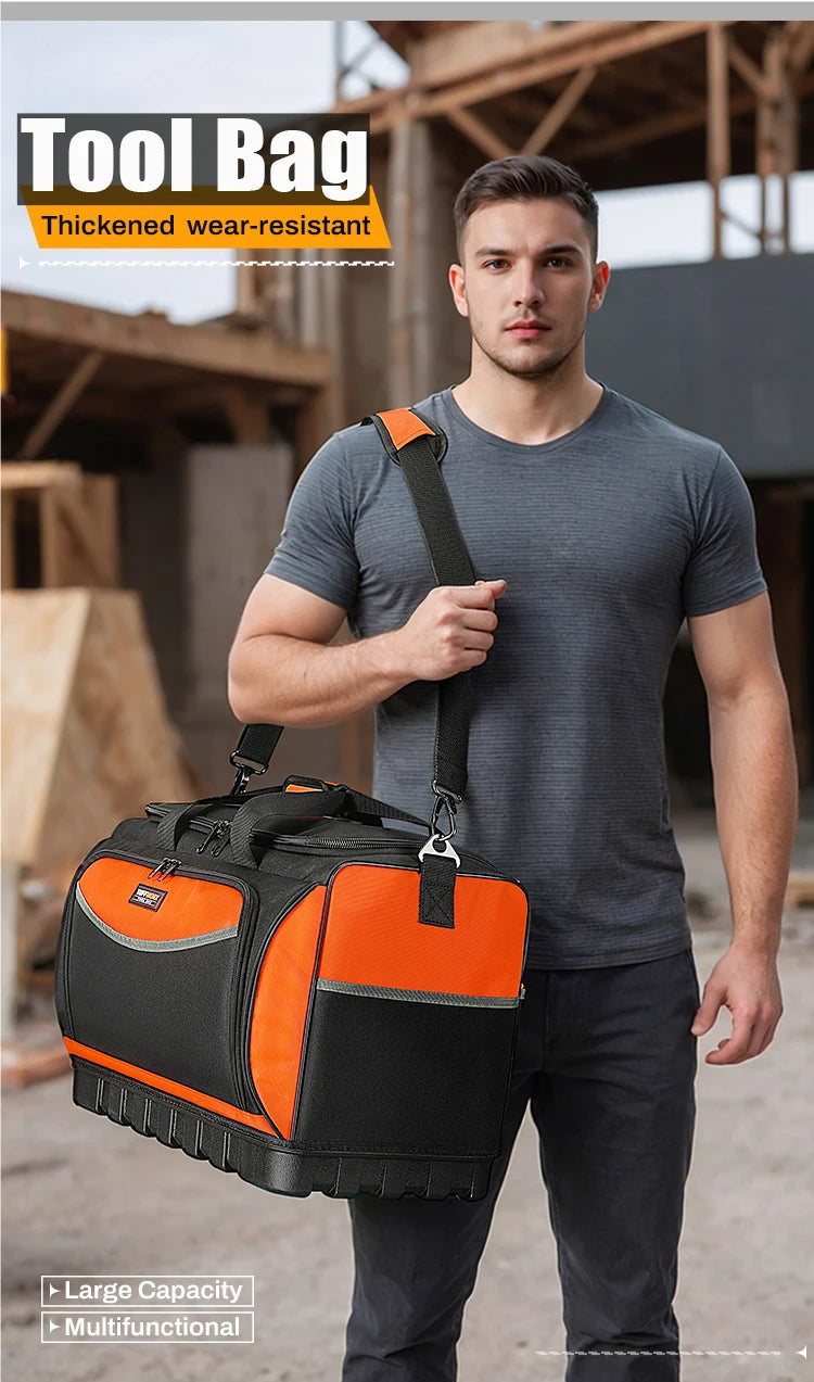 A man holds an orange and black tool bag in a construction setting.