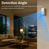 A smart motion detector is shown with a 128 degree detection angle and up to 6 meter range in a home setting.