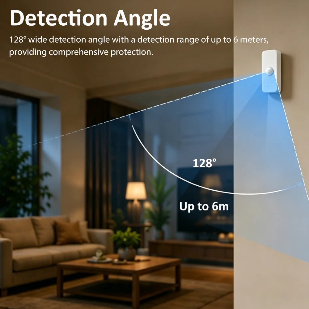A smart motion detector is shown with a 128 degree detection angle and up to 6 meter range in a home setting.