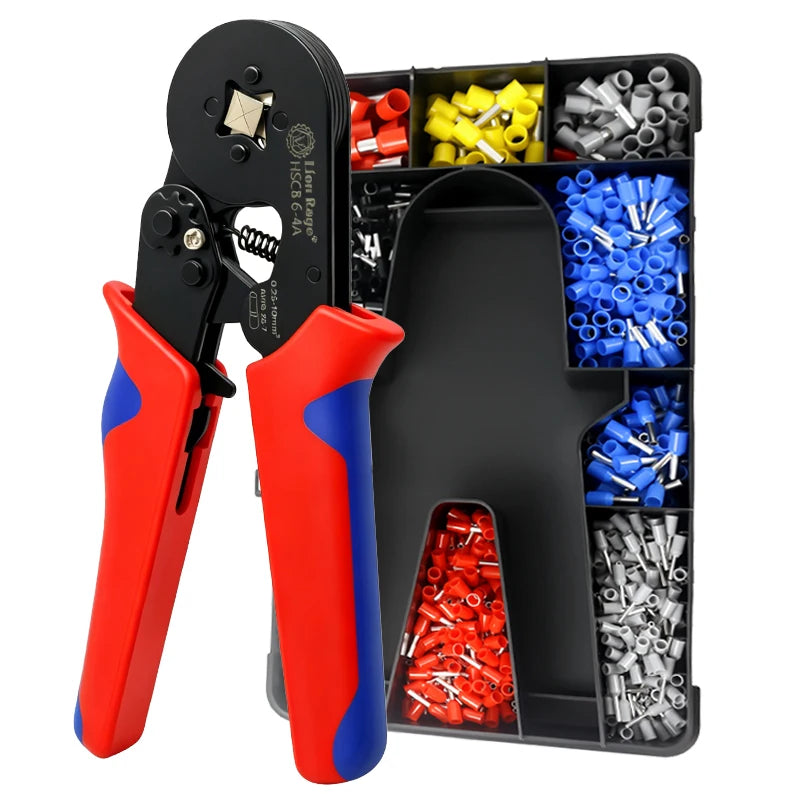 A black precision crimping tool kit with a red and blue handle is shown next to a storage case filled with various wires and 