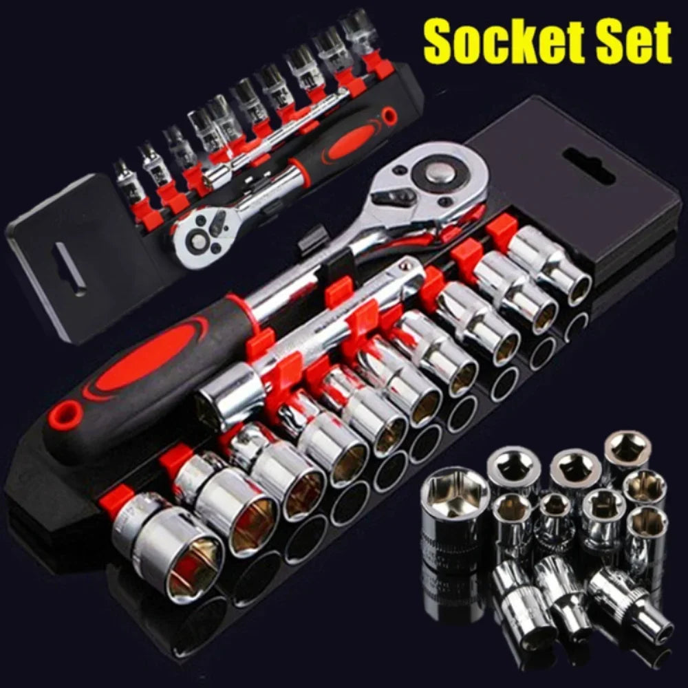 A black socket set with 12 chrome-plated sockets and a handle shown against a dark background.