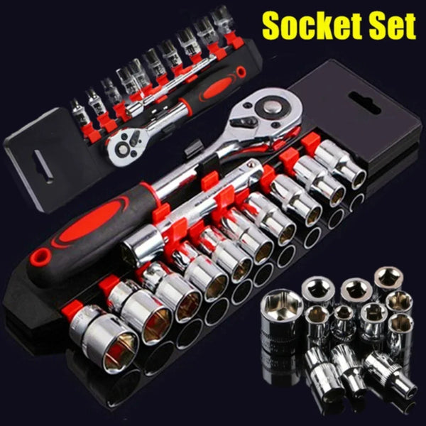 A black socket set with 12 chrome-plated sockets and a handle shown against a dark background.