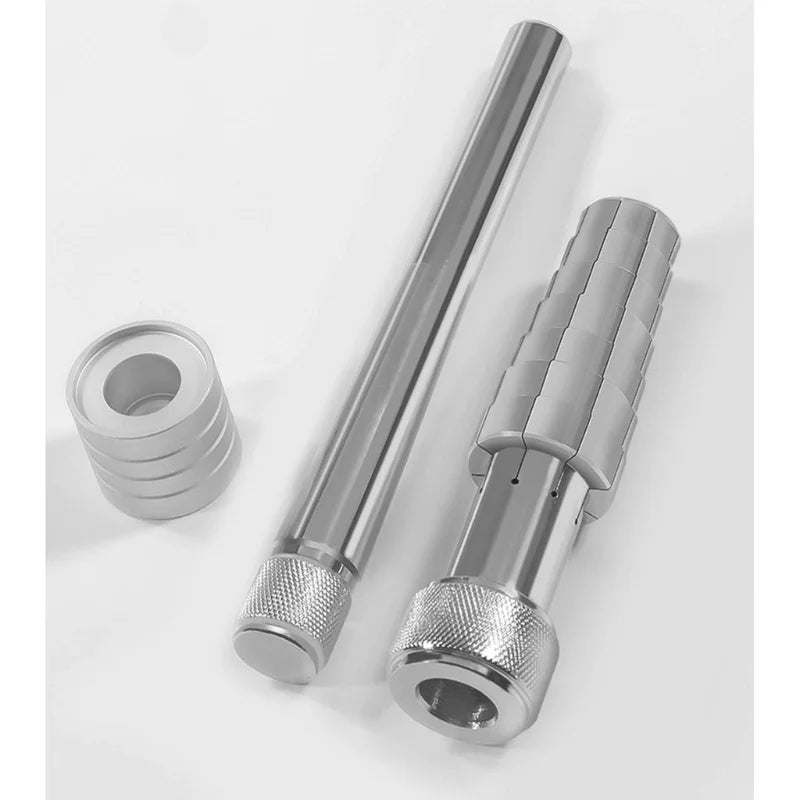 A silver professional ring stretcher and expander tool with a long metal rod and a threaded end.