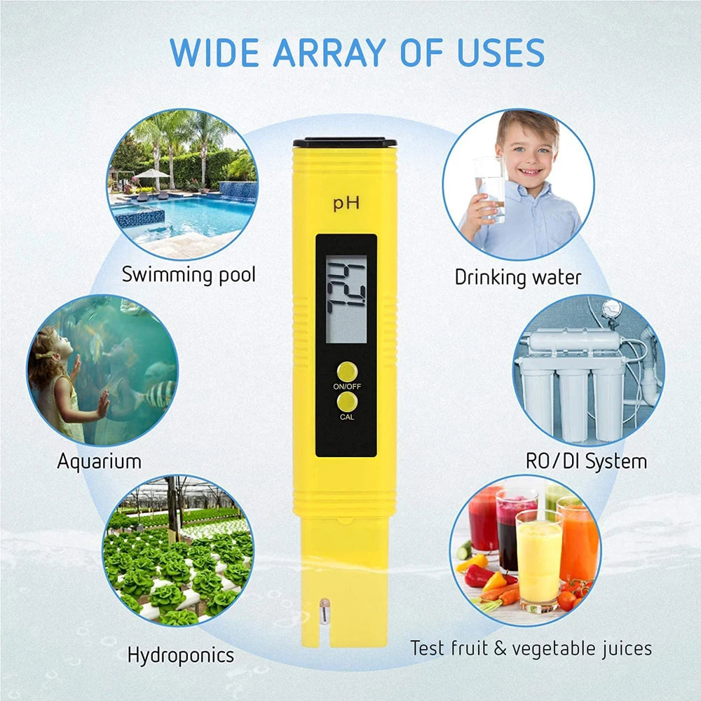 A yellow digital pH meter is shown with various uses including swimming pools, aquariums, hydroponics, and testing fruit juic