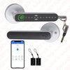 A smart fingerprint door lock assembly showing the main unit and a Bluetooth keyless entry key.