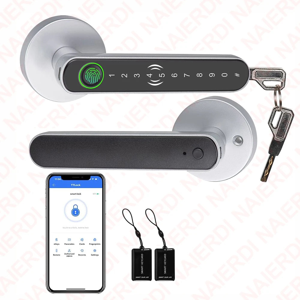 A smart fingerprint door lock assembly showing the main unit and a Bluetooth keyless entry key.