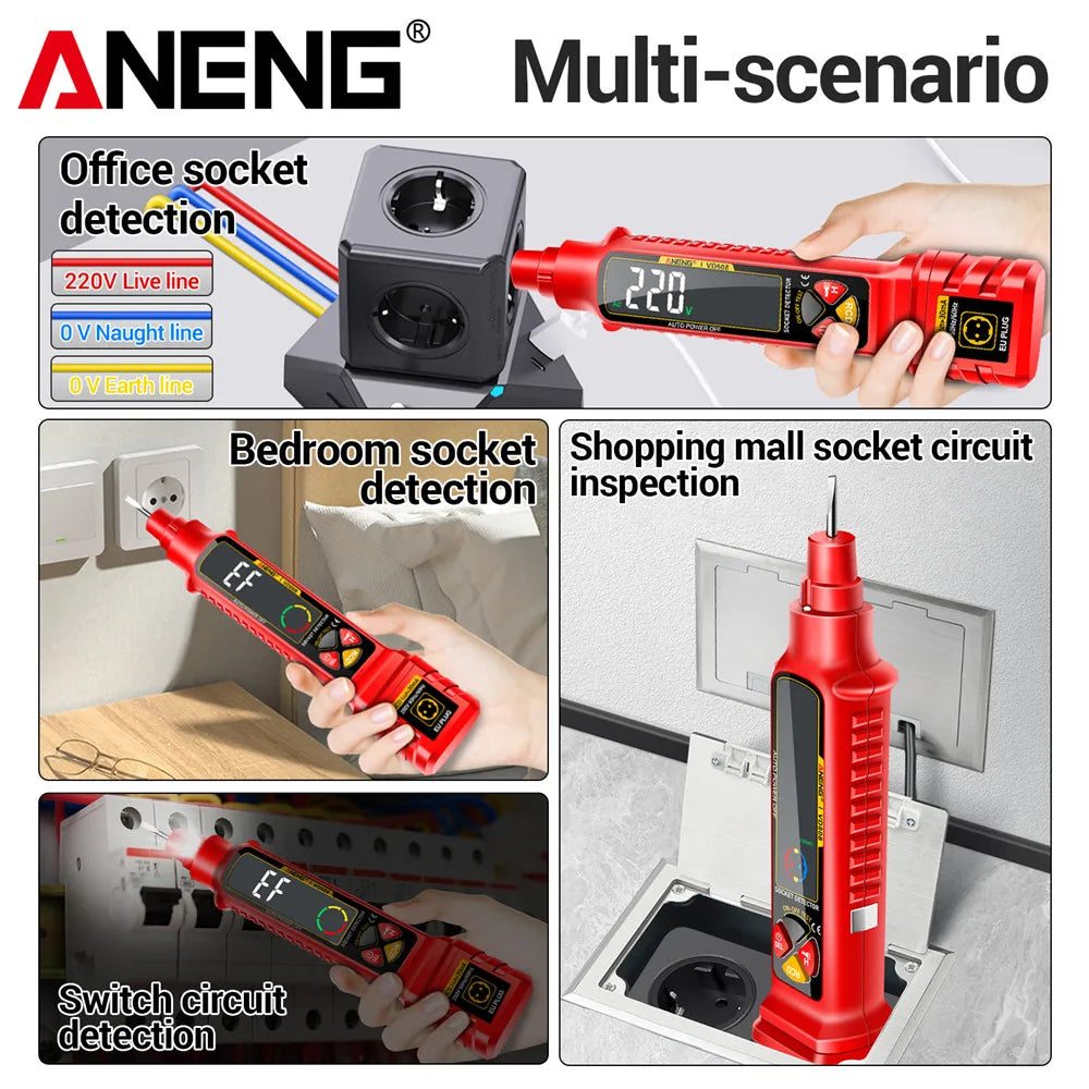 A multi-scenario voltage tester shows various functions including office, bedroom, and shopping mall socket detection.