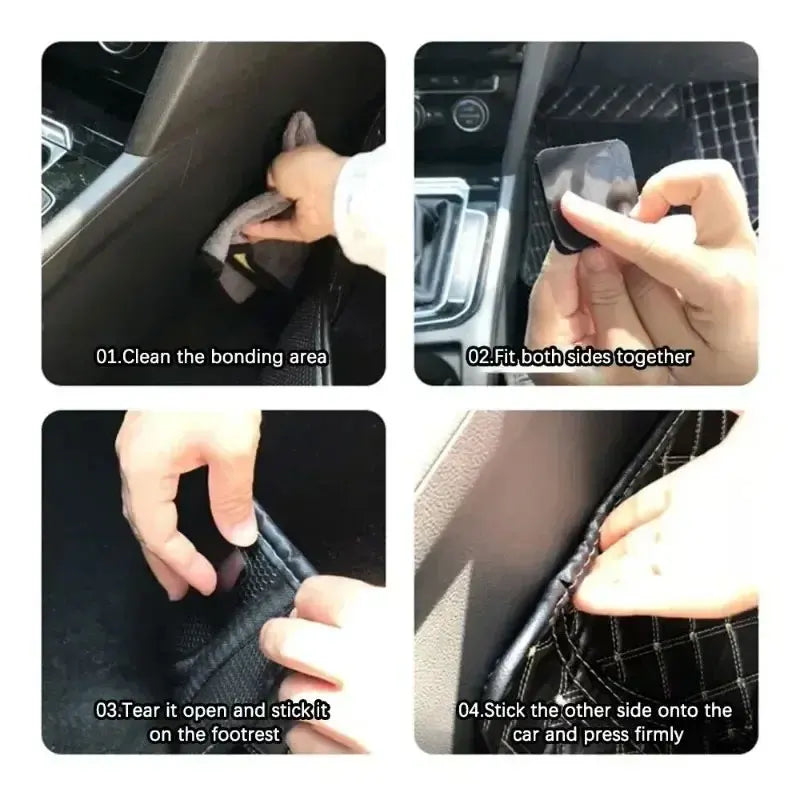 Step-by-step instructions showing how to clean, fit, tear, and stick heavy duty hook and loop strips onto a car surface.