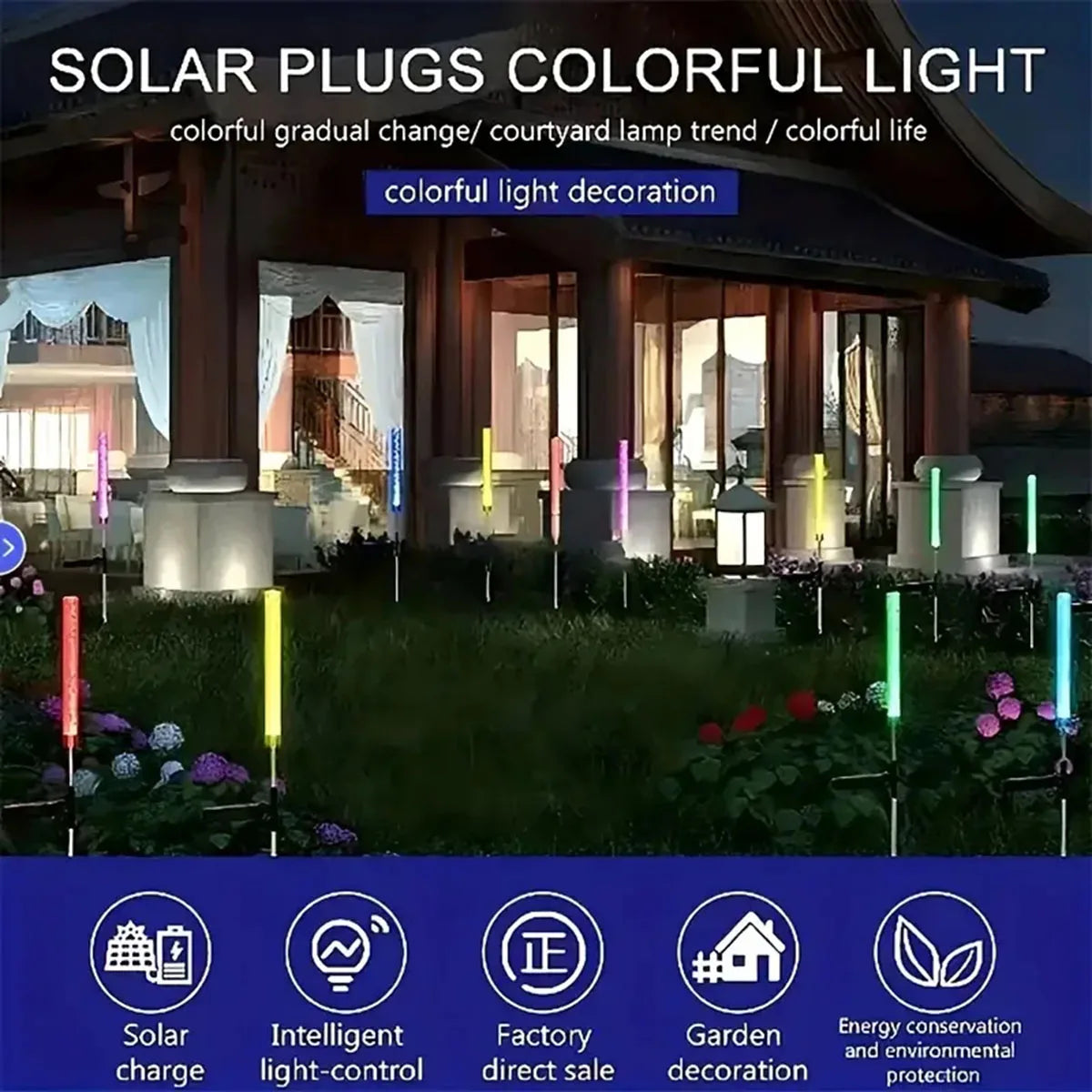Solar-LED-Blasenleuchten für Landschaftspfade, die eine bunte Gartenbereich beleuchten.
