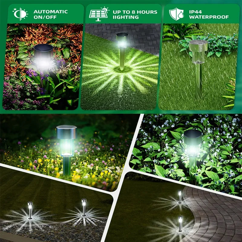 A set of solar garden path lights illuminating a green lawn and pathway at night.