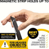 A hand holds a black magnetic strip, demonstrating its ability to hold up to various objects.