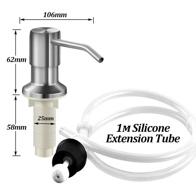Stainless steel soap dispenser with a 1M silicone extension tube and a black nozzle.